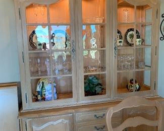 Ethan Allen French Provincial lighted china cabinet with felt lined silverware drawer