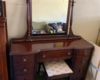 #56	White Furniture Co.  Kneehole Vanity w/7 drawers & Mirror 42x18x30  Mirror 40x33 - as is finish	 $125.00 

