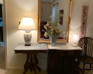 #21	Antique Washstand (as is missing back), Marble stained, as is front  33x17x30	 $100.00 
#22	Gold Rectangular Mirror w/Beveled 34x48	 $75.00 
#23	Radio Table on wheels - as is   28x20x30	 $50.00 
