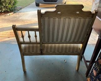 #182	antique bench with green strip fabric around 40 long	 $200.00 
