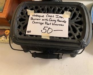 #186	Antique Cast iron burner with carry handle garrige foot warmer	 $50.00 
