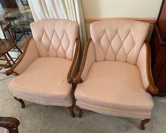 #7	(2) Peach Button Back Side Chairs w/wood arms & Legs  $75 each	 $150.00 
