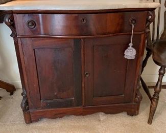 #21	Antique Washstand (as is missing back), Marble stained, as is front  33x17x30	 $100.00 
