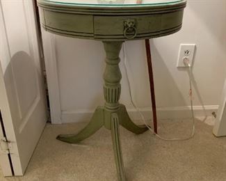 #59	Drum Table painted Green w/one drawer  (brass feet not attached) 20round x 27	 $50.00 
