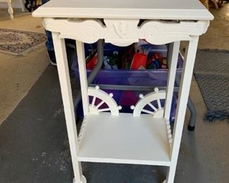 #76	White Painted Wood End table w/design  16x11x27	 $30.00 
