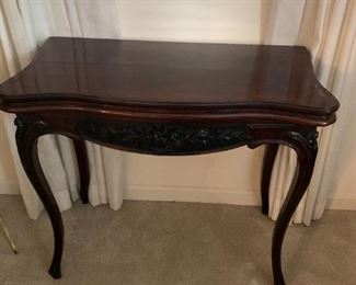 #198	table	antique game table with 4 pull out legs and felt top when open 	 $200.00 
