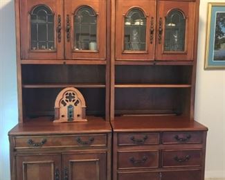 2-piece side-by-side lighted desk/hutch. Both together measure 65" x 23" x 80". The left side opens to reveal a sliding keyboard table, and the right side bottom drawer has a lock & key for secure filing cabinet. $250