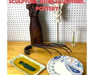 Lot 2536 Modernist Lot. Wood sculpture, bone sculpture, pottery