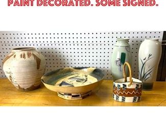 Lot 2544 5pcs Art Pottery Lot. Paint Decorated. Some Signed.