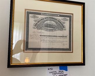 #50	Weems Steamboat Co. Framed Capital Stock 
                                   Cert.	                                     16" x 14.5"
