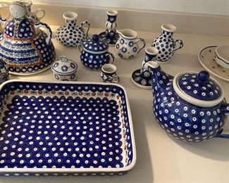 Polish Dishes: Covered Cheese/Butter Dish, Tea Pot, Mugs, Candle Holders, Heart Shaped Dishes, Covered Jar, 