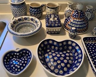 Polish Dishes: Covered Cheese/Butter Dish, Tea Pot, Mugs, Candle Holders, Heart Shaped Dishes, Covered Jar, 