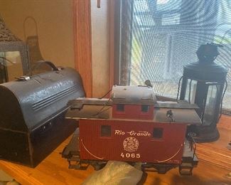 Model train, vintage lunchbox, antique lantern