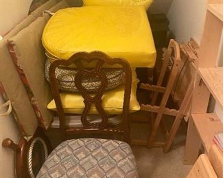 Antique dining room chairs, cushions for outdoor furniture, TV trays with stand