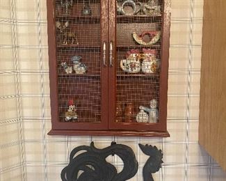 Cute wall cabinet with trinkets, metal rooster