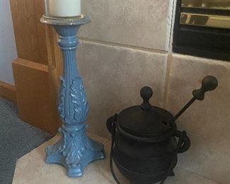 Cast iron pot, pedestal candlestick holder