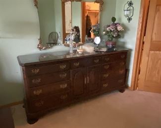 Antique dresser, wall mirror with gilt gold accents