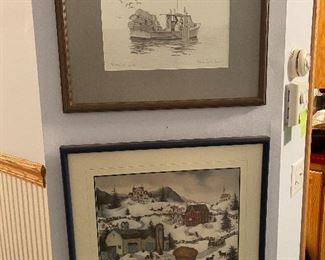Framed boat etching, winter scene