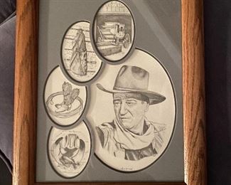 John Wayne etched framed art