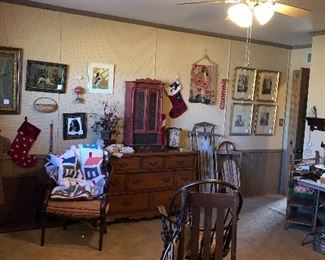 Dresser, quilts, artwork