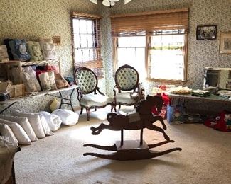 Linens, comforters, Lady and Gentleman’s chairs, rocking horse