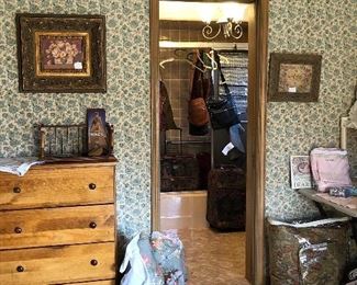 Chest of drawers, Ralph Lauren comforter, artwork