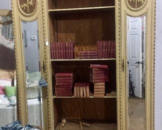 French armoire - painted - 19th C (later) with wonderful weathered paint.  Center section  has a mirrored door not attached for photo.  Lots of shelving.