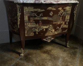 Two drawer marble top bombe commode in Louis XV with Chinoiserie decoration and gilt mounts... 20th Century- 54.5" width x 23" deep and 37.5" height.   $800 or best offer. 