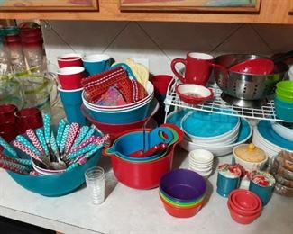 Colorful kitchen dishware.