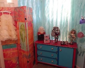 Children's clothes, dolls, lamps, custom designed child's dresser, privacy screen, and more.