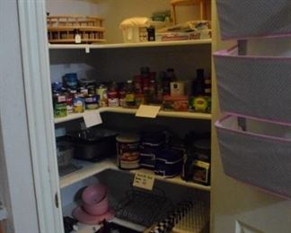 Canned food, survival food. storage and organizing items, pots and pans.