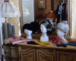French Country dresser with mirror, hats, satin hangers, and more.