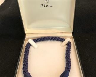 VINTAGE 14K AMETHYST AND DIAMOND BROOCH CONVERTIBLE TO A NECKLACE ON BLUE SILKEN CORD, BY DESIGNS BY FLORA, IN ORIGINAL BOX
