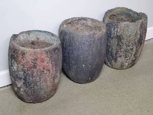 Way Cool Set of (3) Smelting Pots - Planters. 12" W x 16" H  
These smelters were used to melt and pour Metal, and now has been repurposed as planters. They have an amazing and beautiful patina look! 