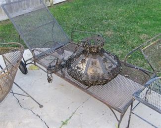 Vintage patio lounger (Woodard?)and iron Mexican lamp