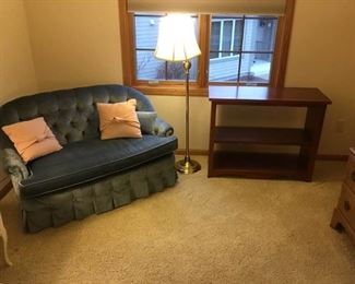 Love Seat, Lamp, and Wood Shelf