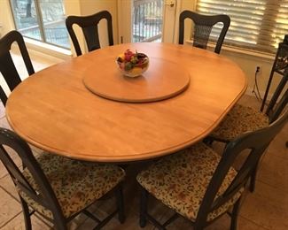 Birch table with blue chairs, $450. Lazy Susan is priced separately.