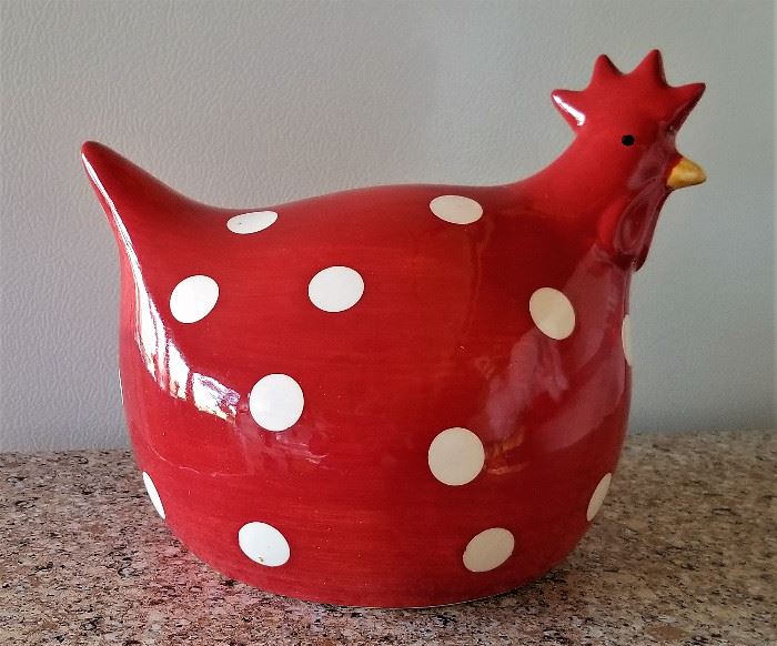 Red Chicken with white polka dots! We have all kinds of chickens and roosters from metal to ceramic to wood.
