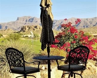 Patio high top table and 2 chairs and umbrella