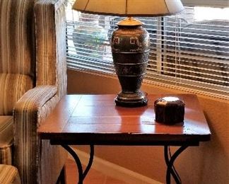 Wood and metal side table and antique lamp. There are 2 matching lamps available.