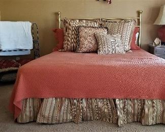 Gold metal queen bed for sale and all the linens too.