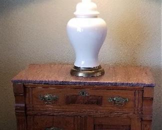 Antique side table and matching lamps for sale.