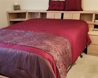 Contemporary light wood bedroom set. Burgundy comforter also for sale.