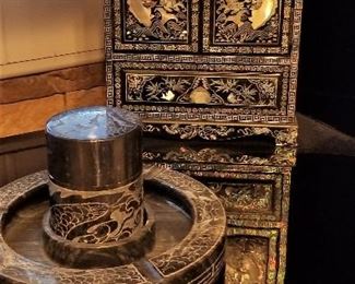 Oriental black lacquer mother of pearl inlay jewelry box and many other pieces not shown.