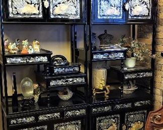 Oriental black lacquer mother of pearl inlay display shelving unit with storage cabinets