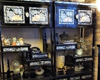 Another view of the oriental black lacquer mother of pearl inlay display shelving unit with storage cabinets.