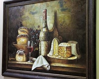 Large still life artwork depicting wine and cheese.