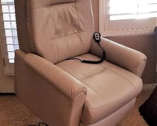 Side view of leather lift chair in the up position. Wonderful neutral color.