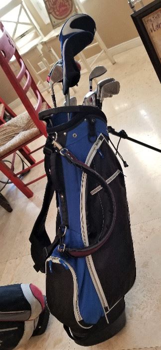 Golf clubs and golf bags.