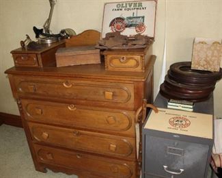 Walnut dresser, file cabinet, primitives